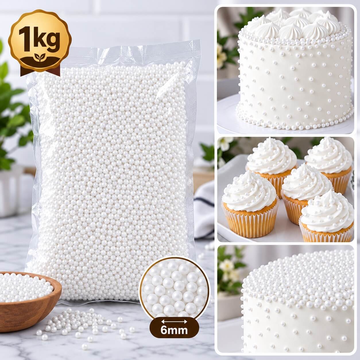 1kg White Edible Bead - (6mm)