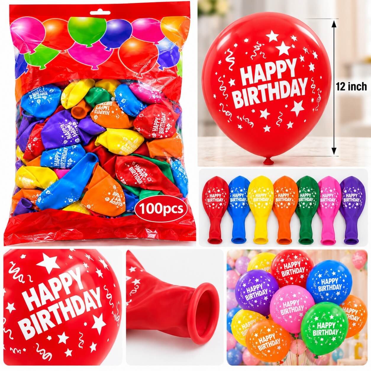 Latex Balloon - Happy Birthday, Mixed Colours (100pcs)